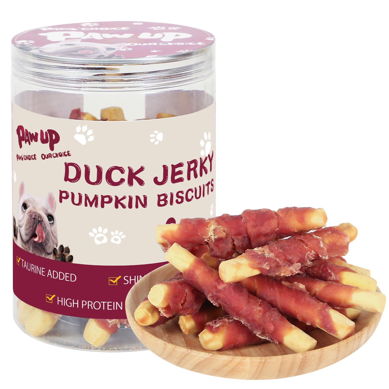 PAWUP galletas de calabaza con pato en empaque, snack sabroso para perros pequeños.