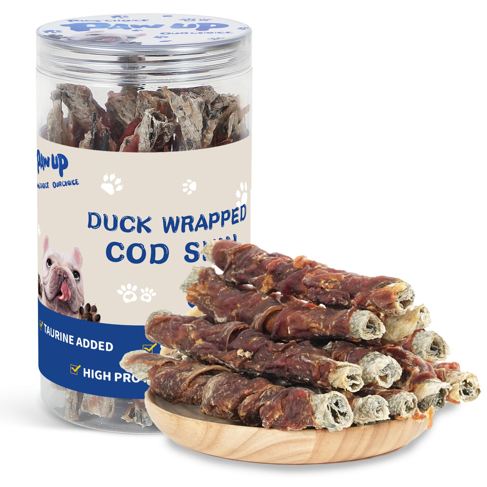 PAWUP piel de bacalao en paquete, snack natural para perros saludables.