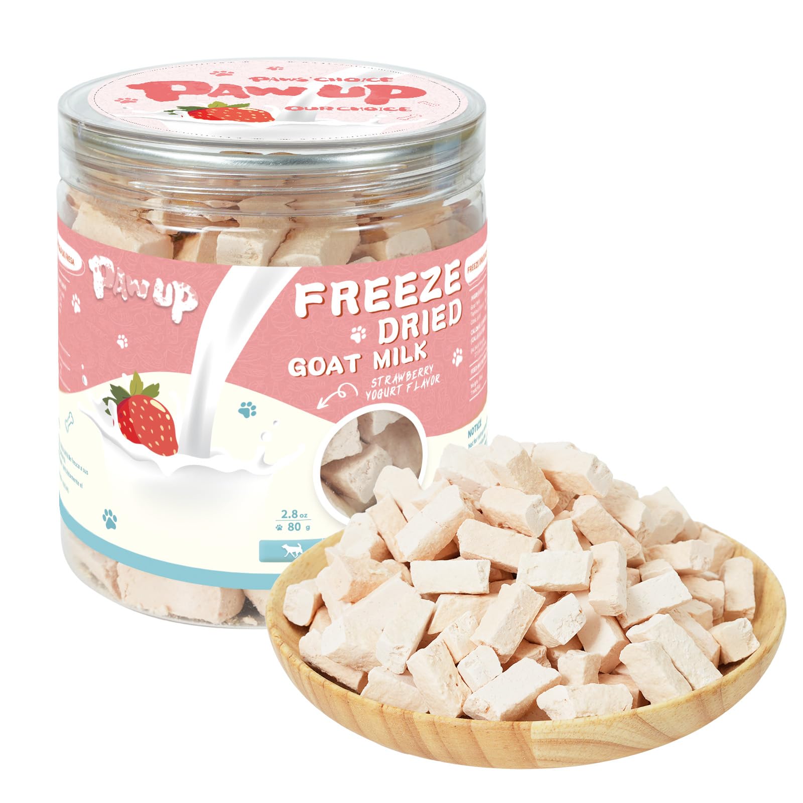 PAWUP tratos deshidratados para perro, sabor leche de cabra y yogur con fresa, perfecto para entrenamiento.