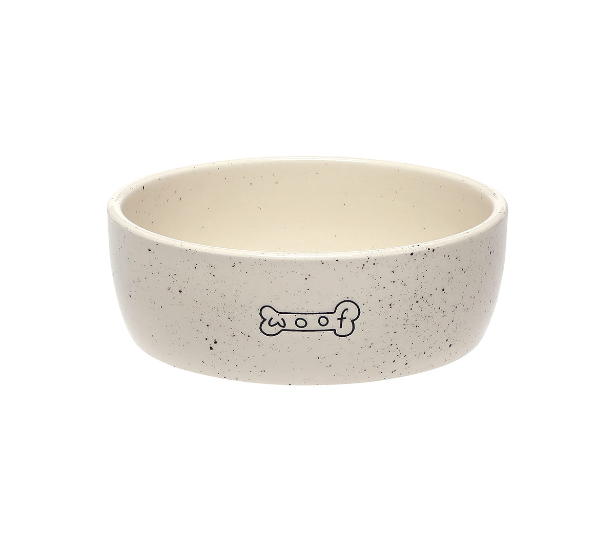 Bol Pearhead pour chien avec motif Woof tacheté, design élégant.