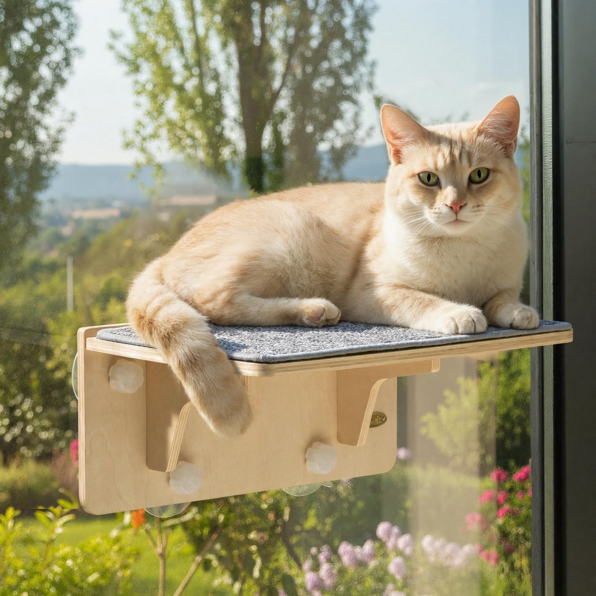 La hamaca de ventana Pecute para gatos ofrece descanso cómodo y vistas al exterior.