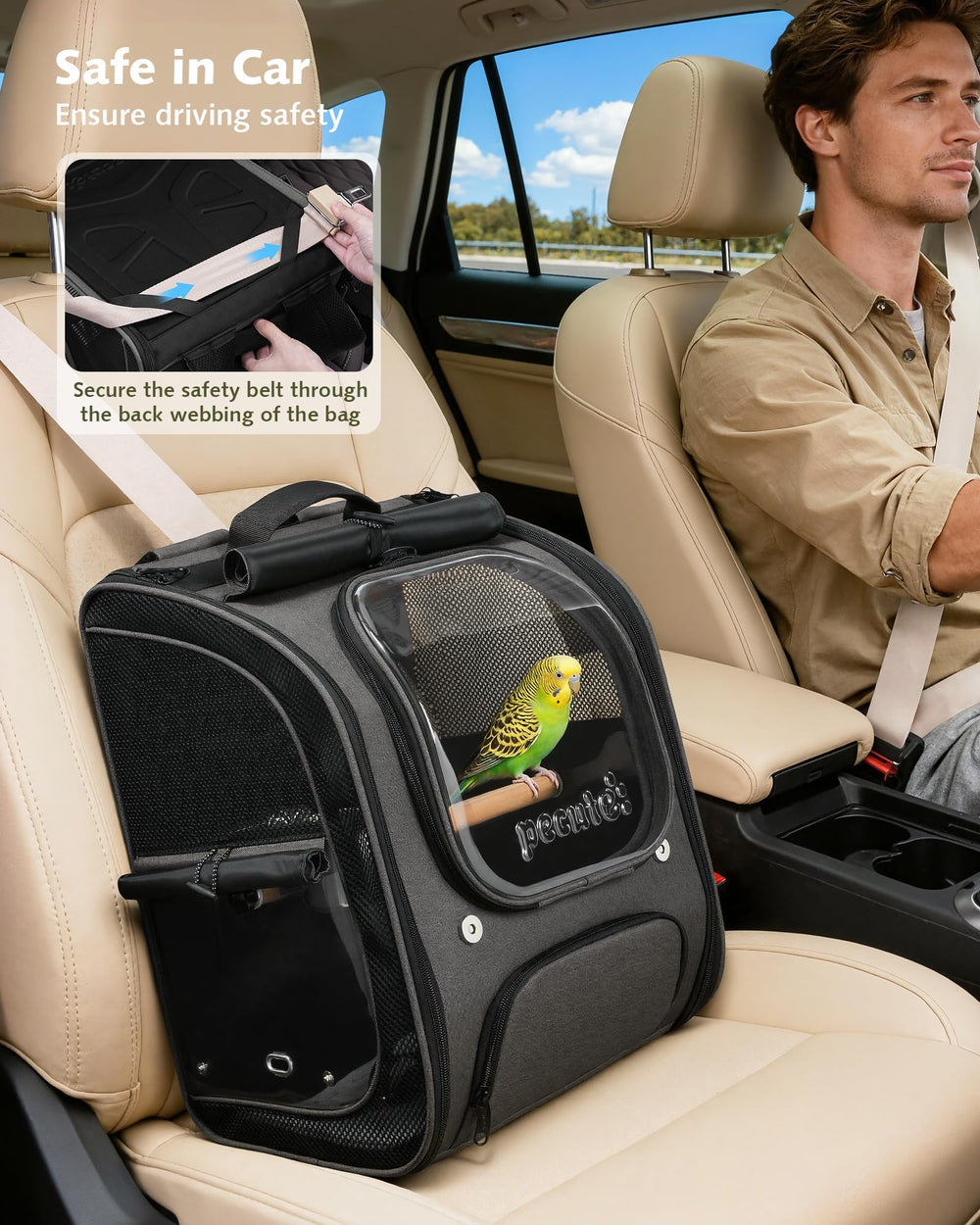 Pecute Mochila incluye percha integrada para descansar al ave.
