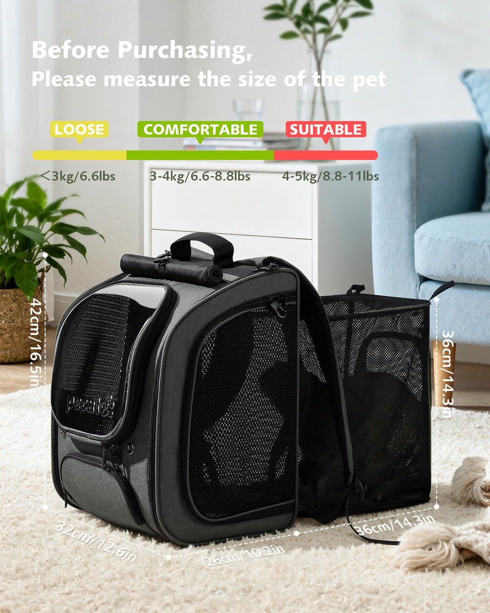 Pecute Mochila Gato Dimensiones 42x32x26 cm: apta para gatos y perros pequeños.