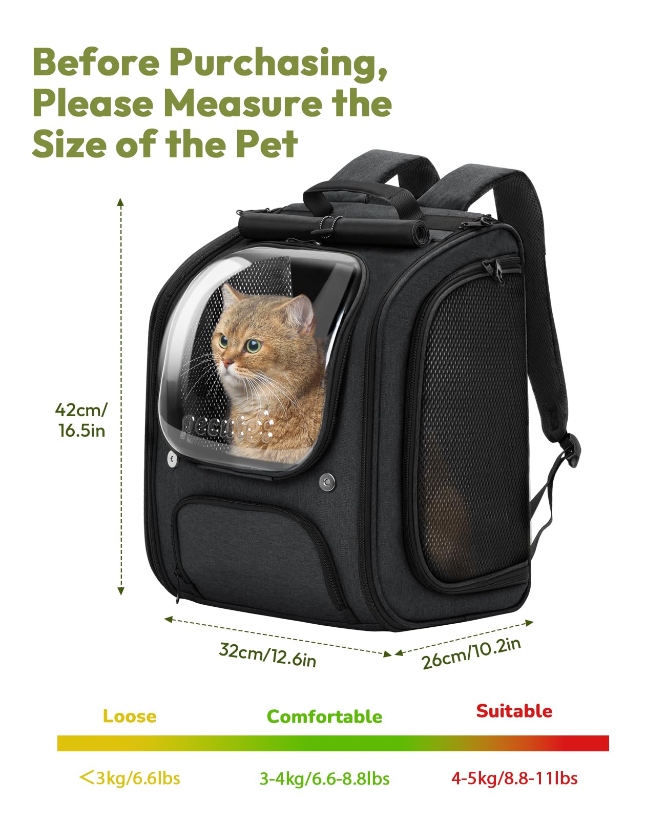 Pecute Mochila gato dimensiones recomendadas para confort durante viajes.