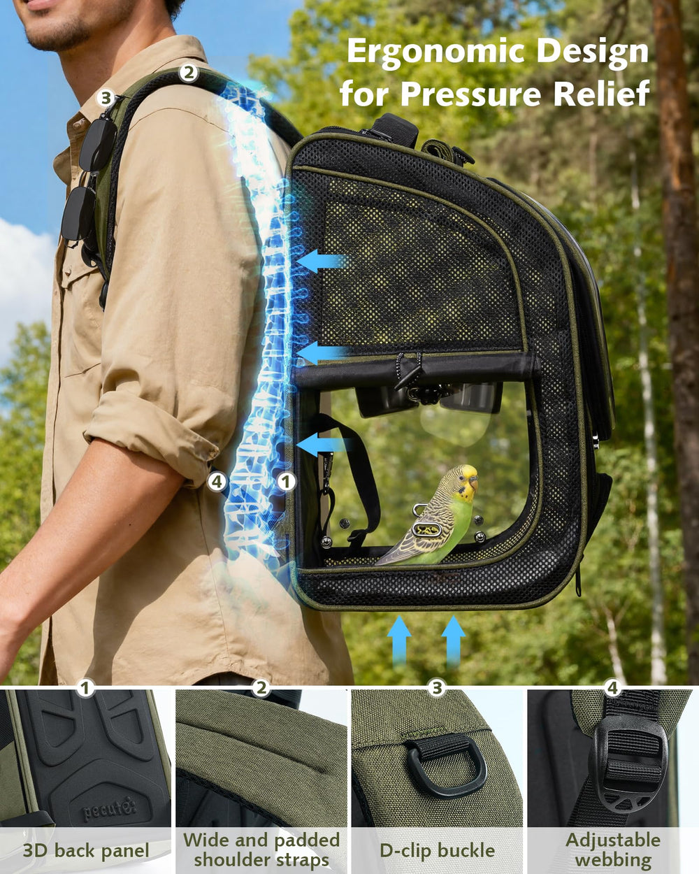 Mochila Pecute para aves, diseño ergonómico con respaldo y correas acolchadas
