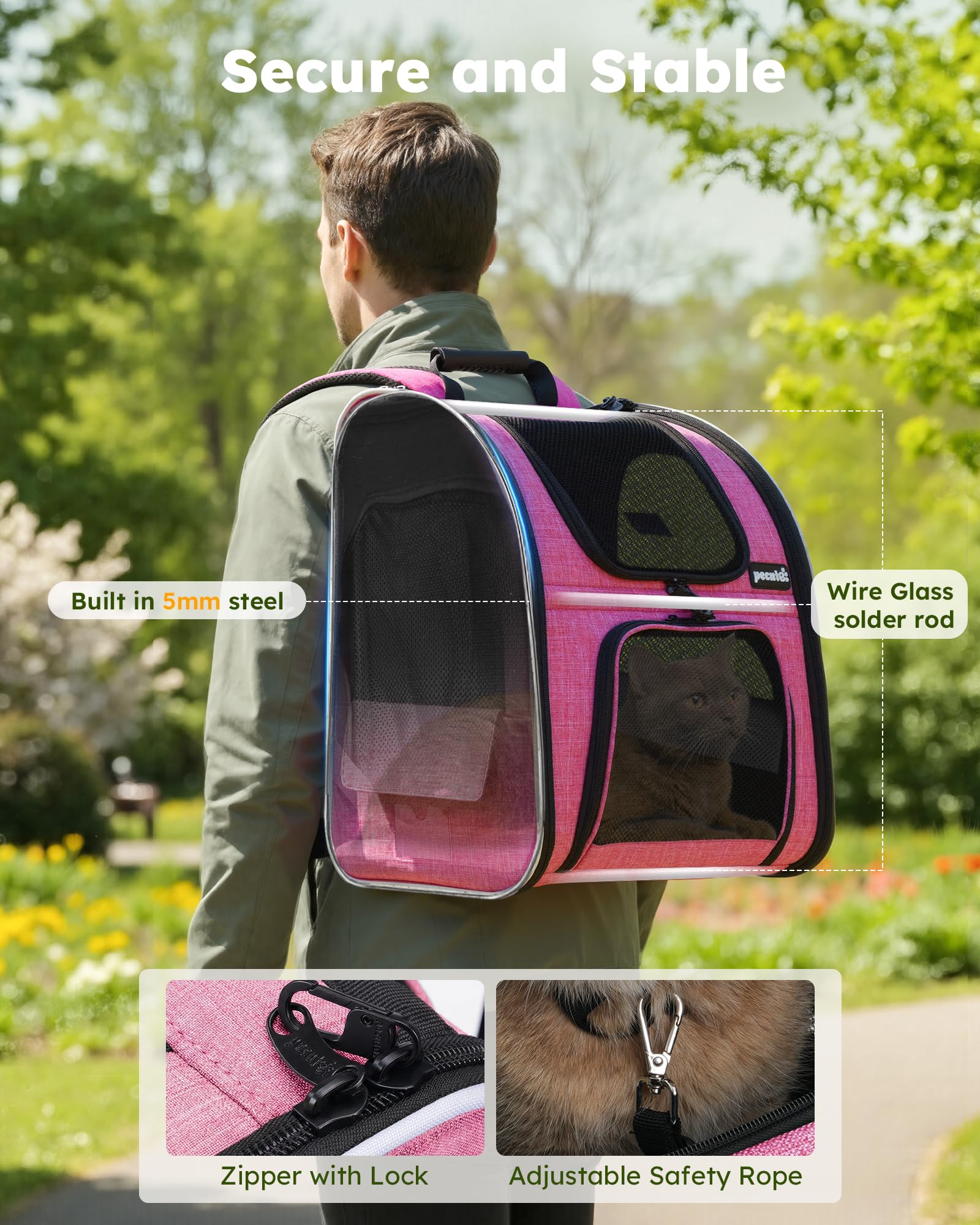 Pecute Mochila: base acolchada extraíble y funda lavable para descanso cómodo.