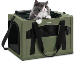 Pecute transportín gato estable con marco de acero verde, diseño seguro para viajes en coche.