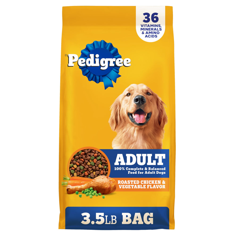 Pedigree alimento seco para perro adulto, croquetas de pollo asado y verduras, textura atractiva.