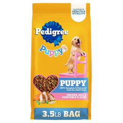 Pedigree bolsa de alimento seco para cachorros con pollo, arroz y verduras para crecimiento saludable.