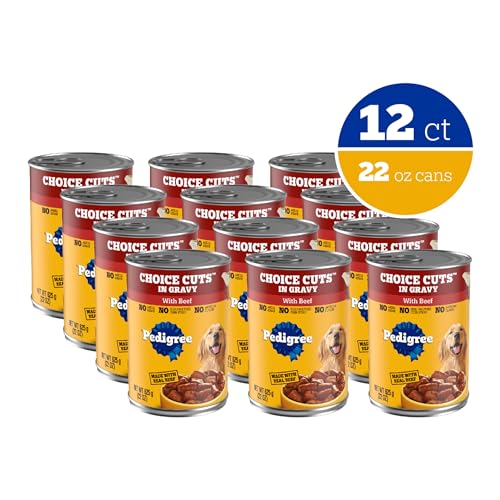 Pedigree Choice Cuts en salsa carne, interior de lata muestra carne real para sabor familiar.