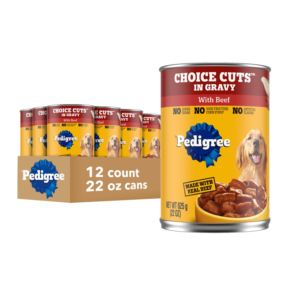 Pedigree Choice Cuts en salsa carne, paquete de 12 latas, ideal como comida diaria para perros adultos.