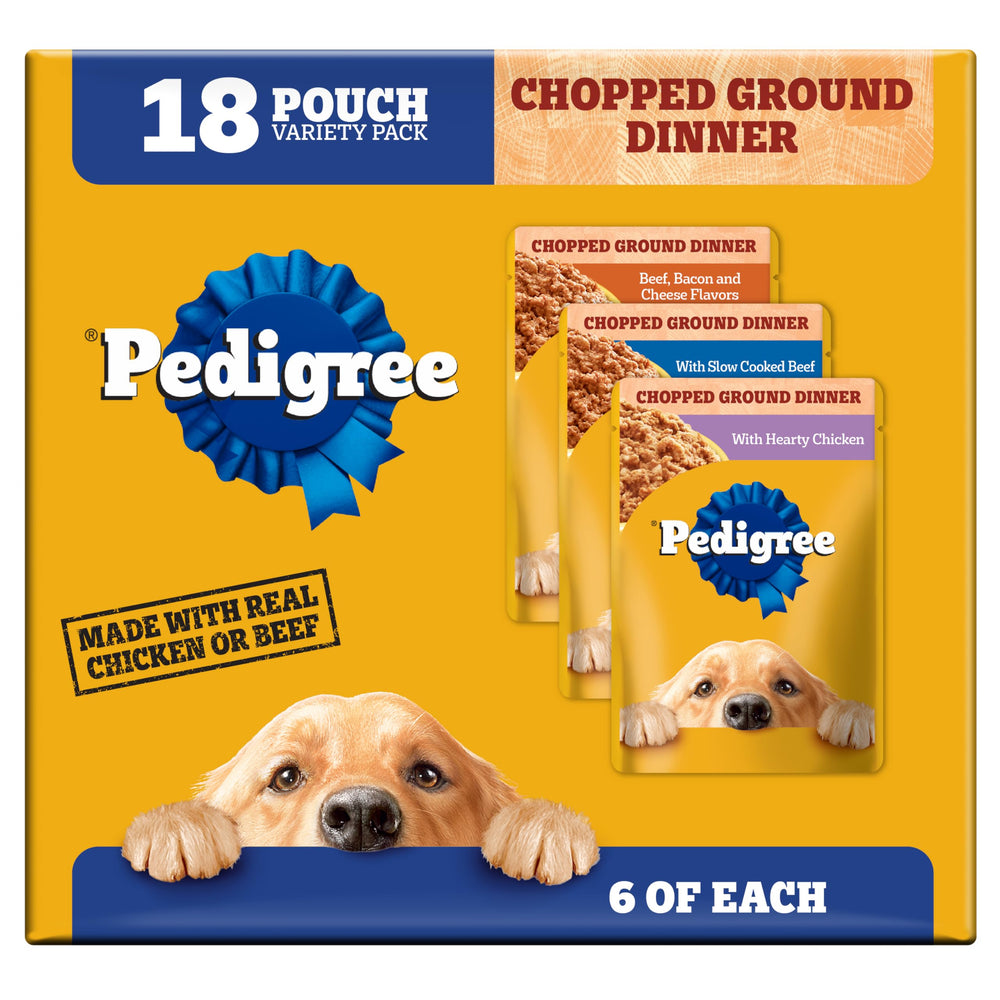 Pedigree Chopped Ground Dinner con proteína real en bolsa para perros adultos.