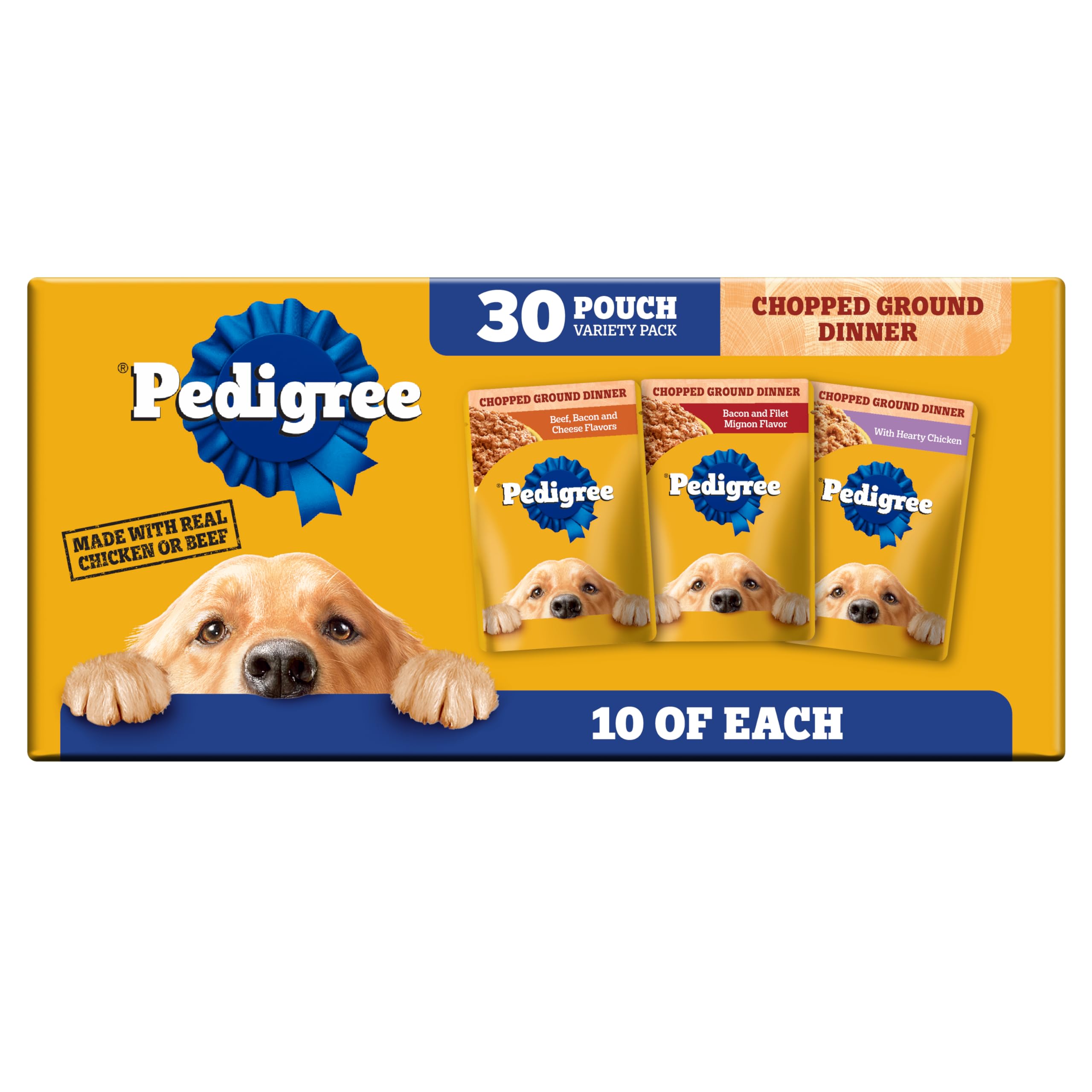 Pedigree Chopped Ground Dinner, bolsa 3-5oz abierta, porción diaria para perro adulto.