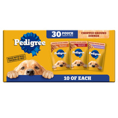 Pedigree Chopped Ground Dinner, bolsa 3-5oz abierta, porción diaria para perro adulto.