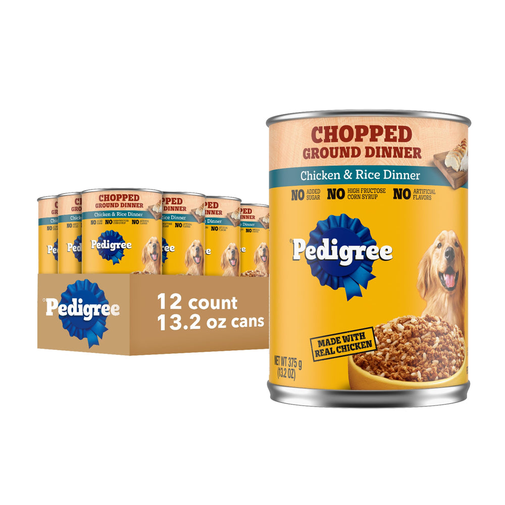 Pedigree Chopped Ground Dinner frente-de-lata, alimento práctico para adultos.