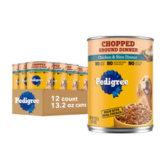 Pedigree Chopped Ground Dinner frente-de-lata, alimento práctico para adultos.