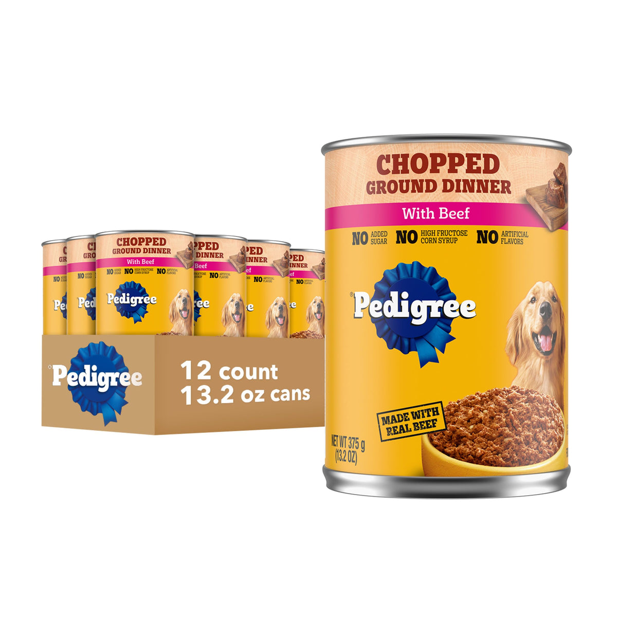 Pedigree Chopped Ground Dinner en lata de 13.2 oz para perros adultos, apoyo de hidratación.