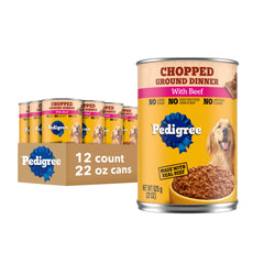 Pedigree Chopped Ground Dinner: lata con carne de res, ideal como comida completa para perros adultos.