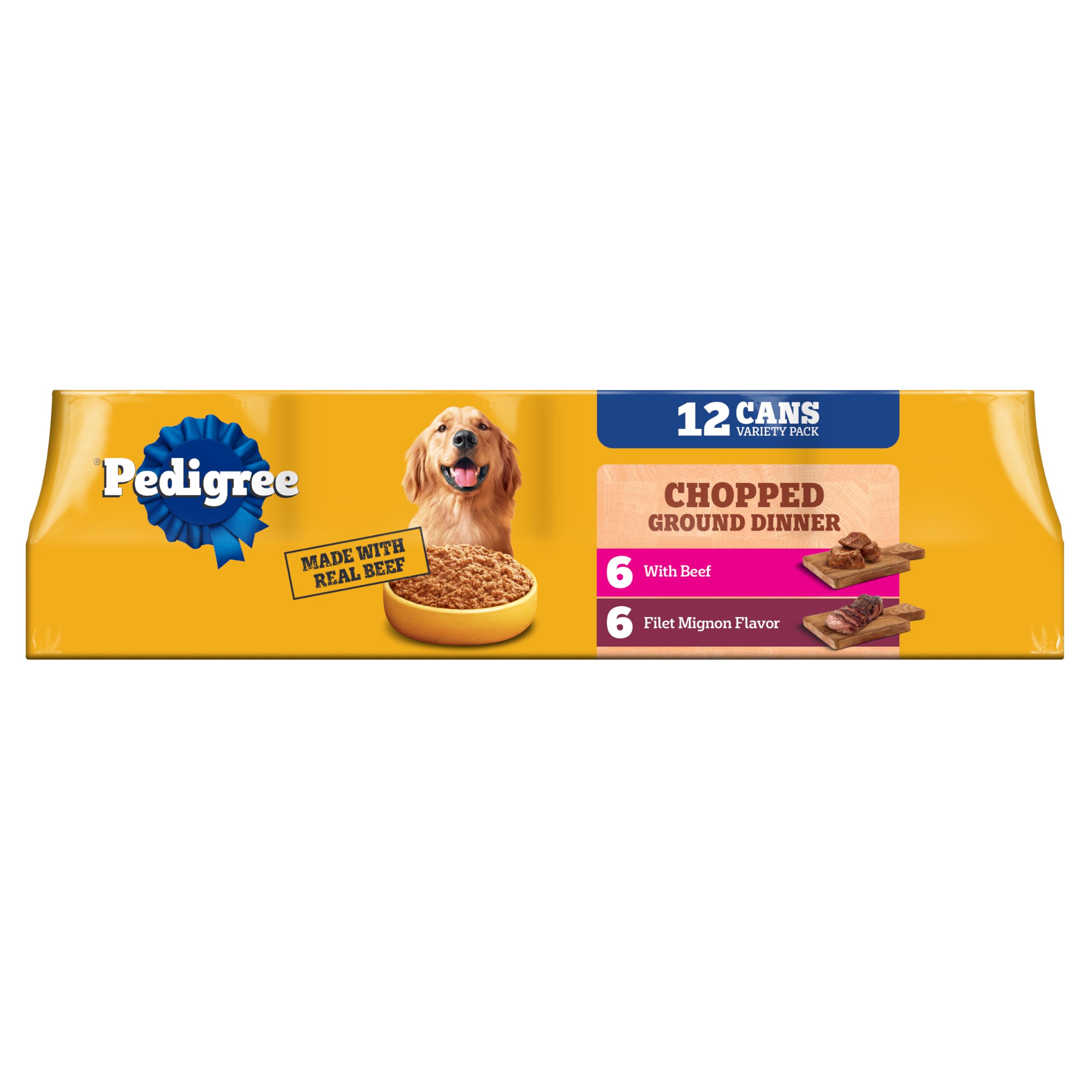 Pedigree Chopped Ground Dinner muestra una lata filet mignon y carne, sabor real para perros adultos.