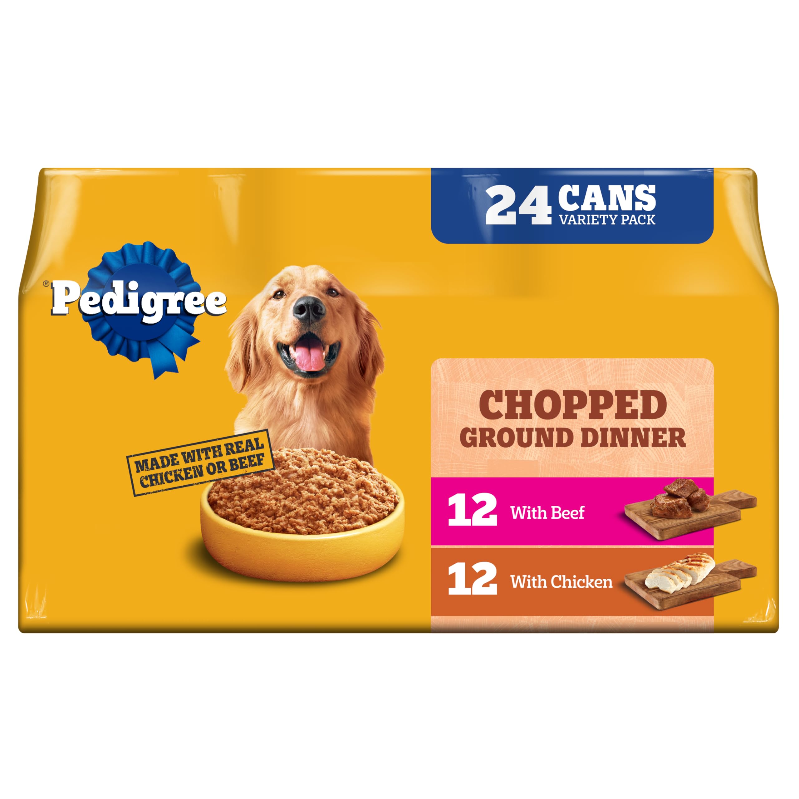 Pedigree Chopped Ground Dinner: lata con pollo y res, ideal para perros adultos.