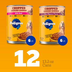 Pedigree Chopped Ground Dinner servido en tazón, lista para alimentar al perro.