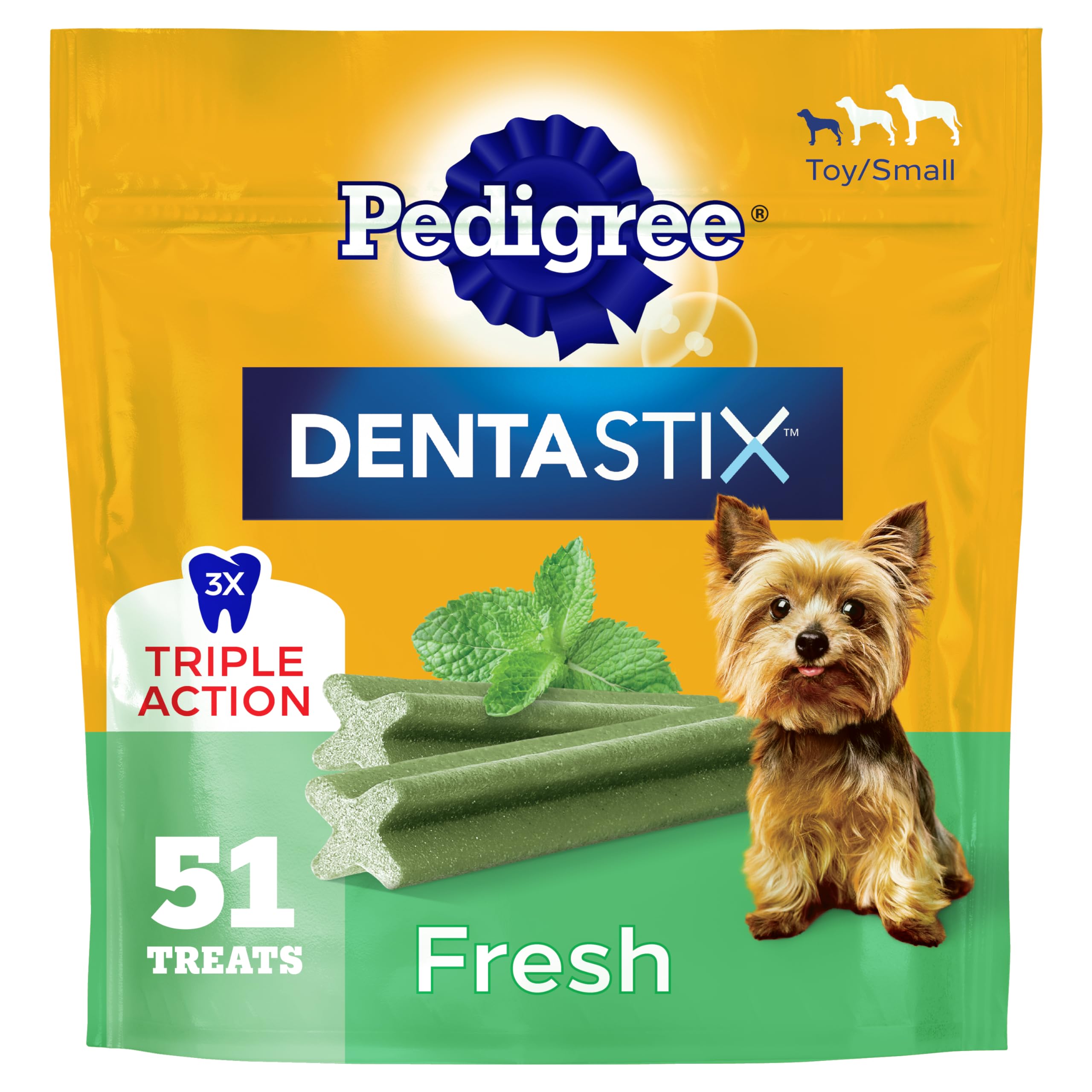 Pedigree Dentastix empaque de 12 oz, ideal para higiene dental diaria de perros pequeños.