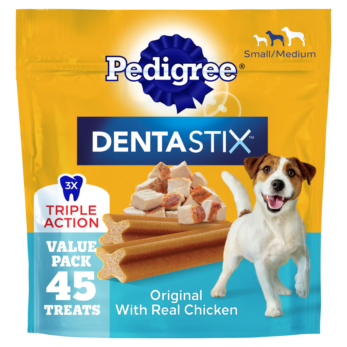 Pedigree Dentastix golosinas dentales para perro con sabor a pollo real.