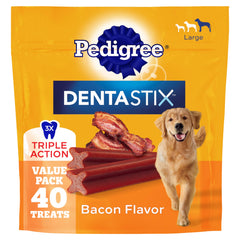 Pedigree Dentastix large-breed bacon flavor bag displays 40 treats for daily dental care.