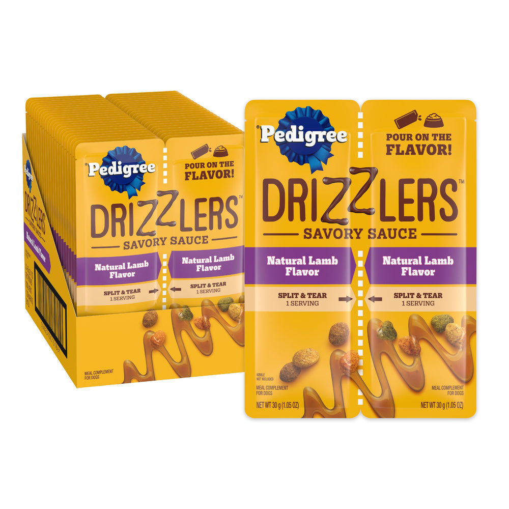 Pedigree Drizzlers, porción doble en bolsa, facilita servir ahora o más tarde para el perro.