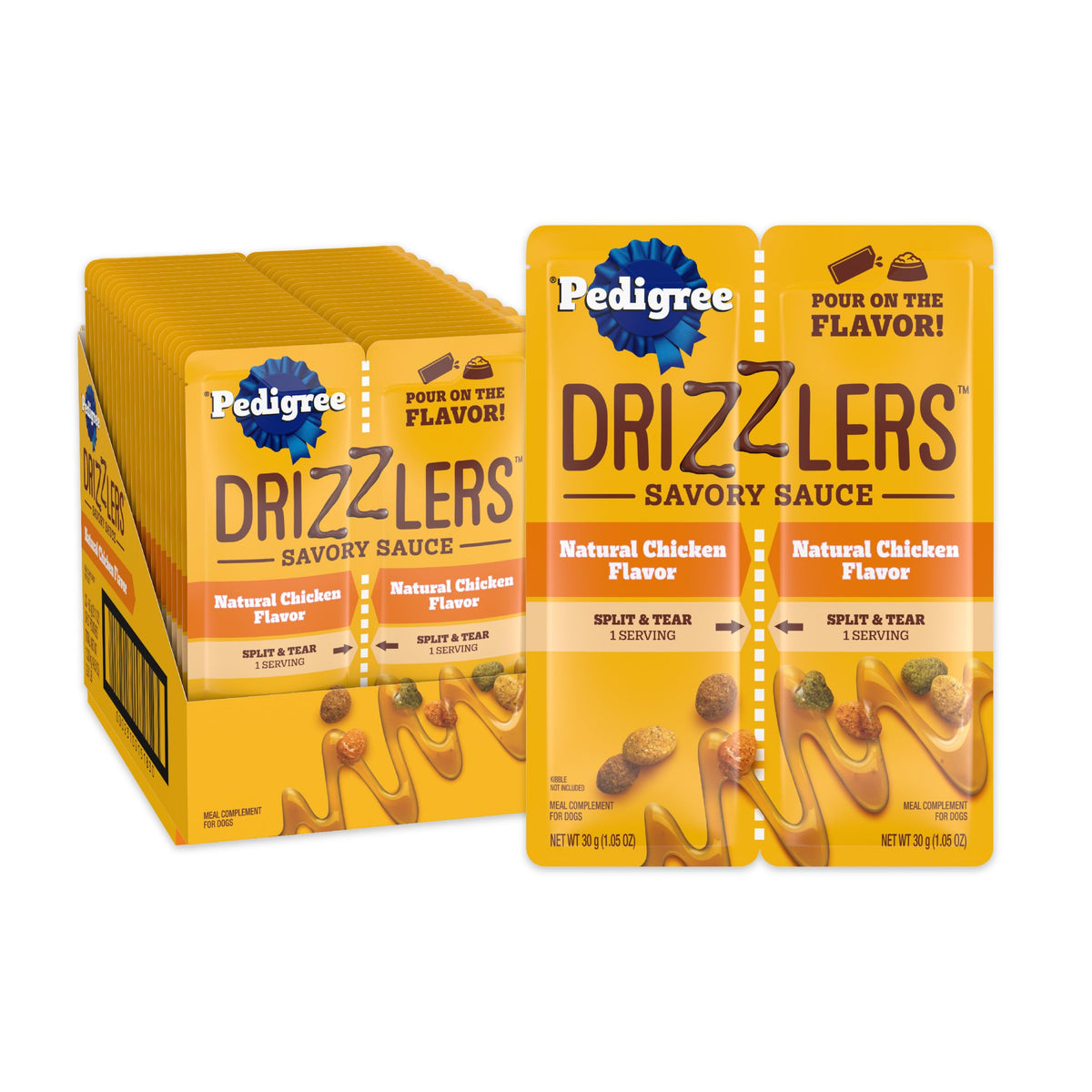 Pedigree Drizzlers salsa sabrosa de pollo sobre croquetas para perros