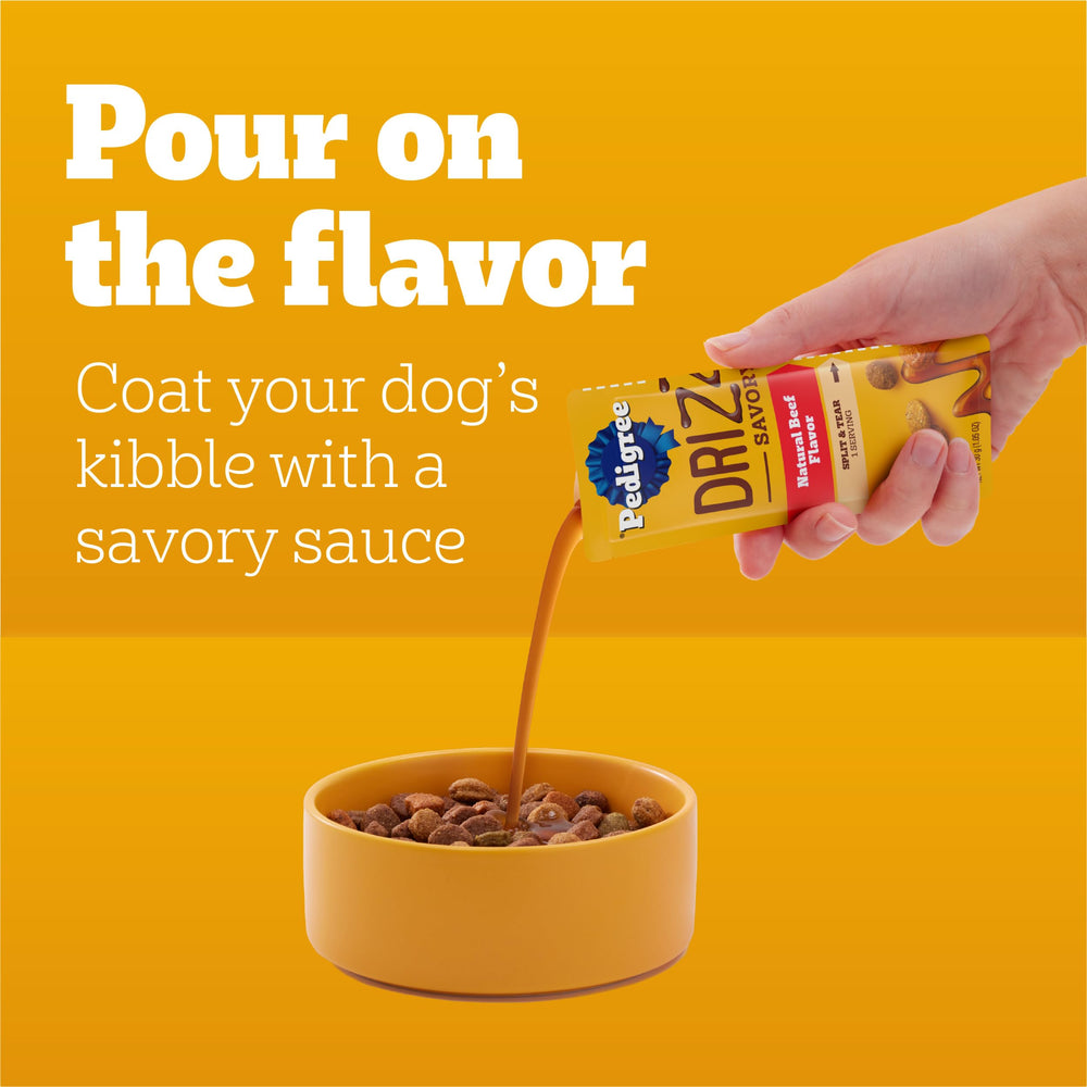 Pedigree Drizzlers separar y abrir facilita servicio rápido durante la comida diaria.