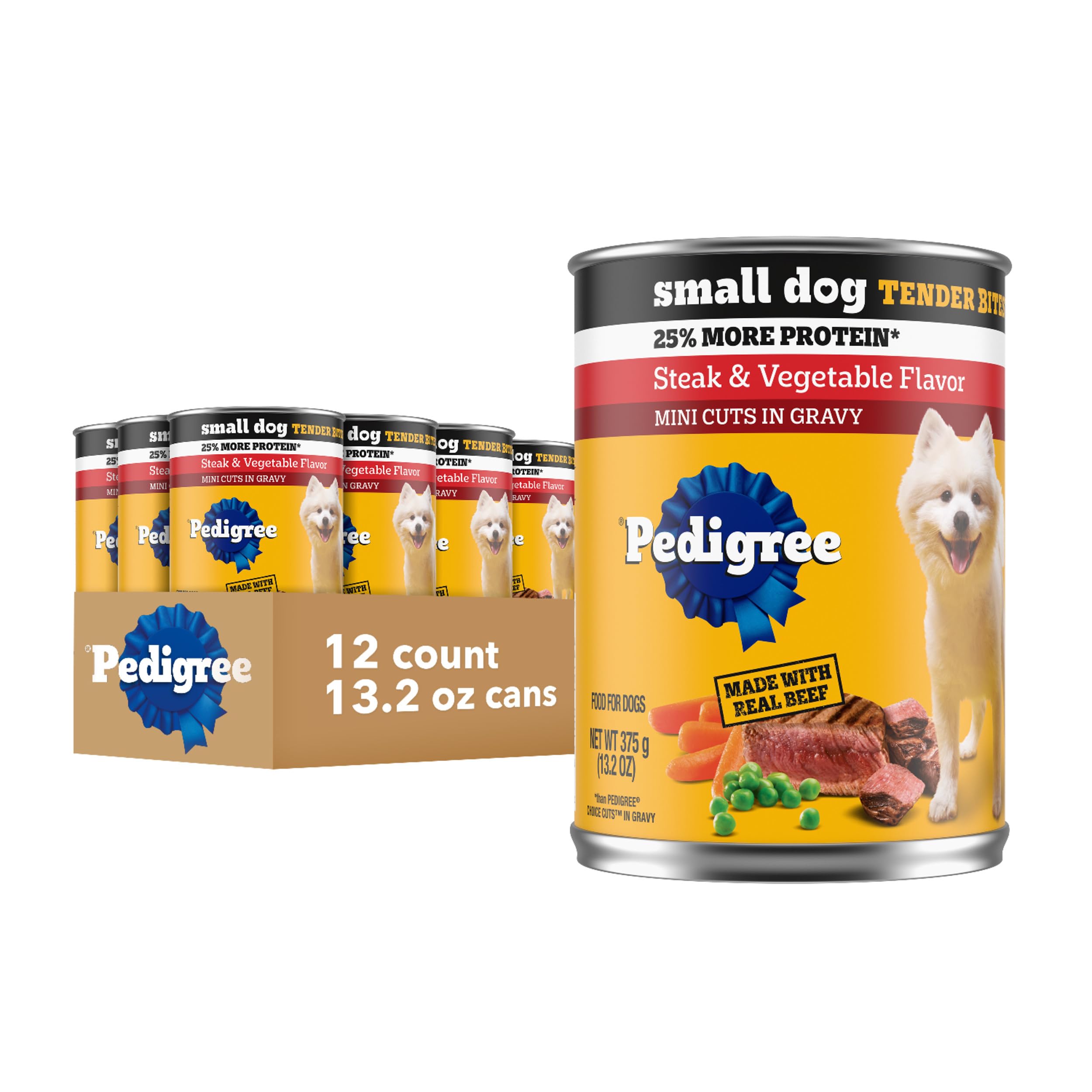 Pedigree para perros pequeños con Bocados Tiernos en salsa espesa de carne, lata lista para comer.