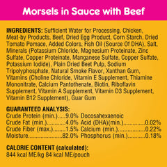 Pedigree Puppy Morsels con carne, detalle de trocitos jugosos.