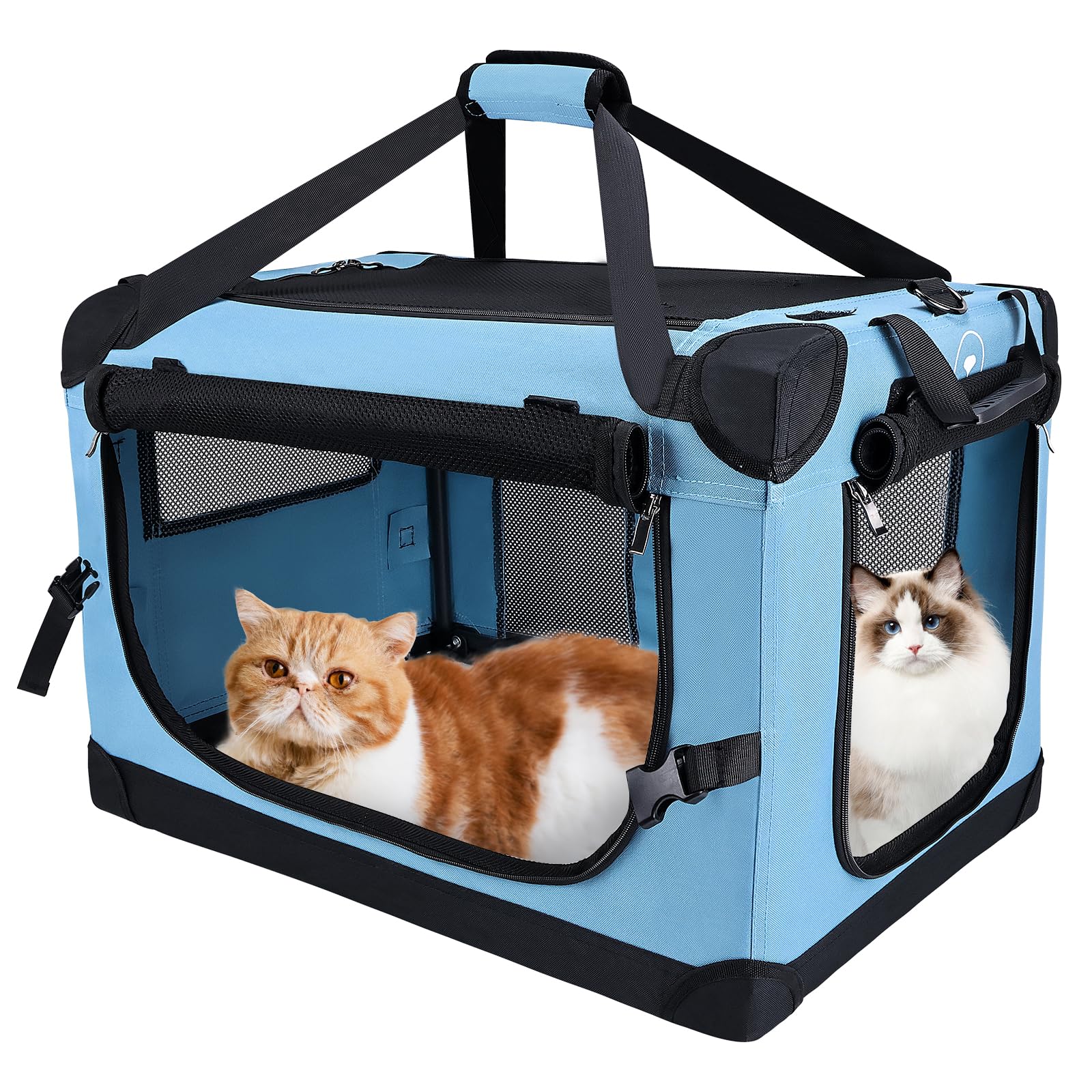 Pegic transportín para gato grande en coche, color azul verdoso, ofrece viaje estable y cómodo.