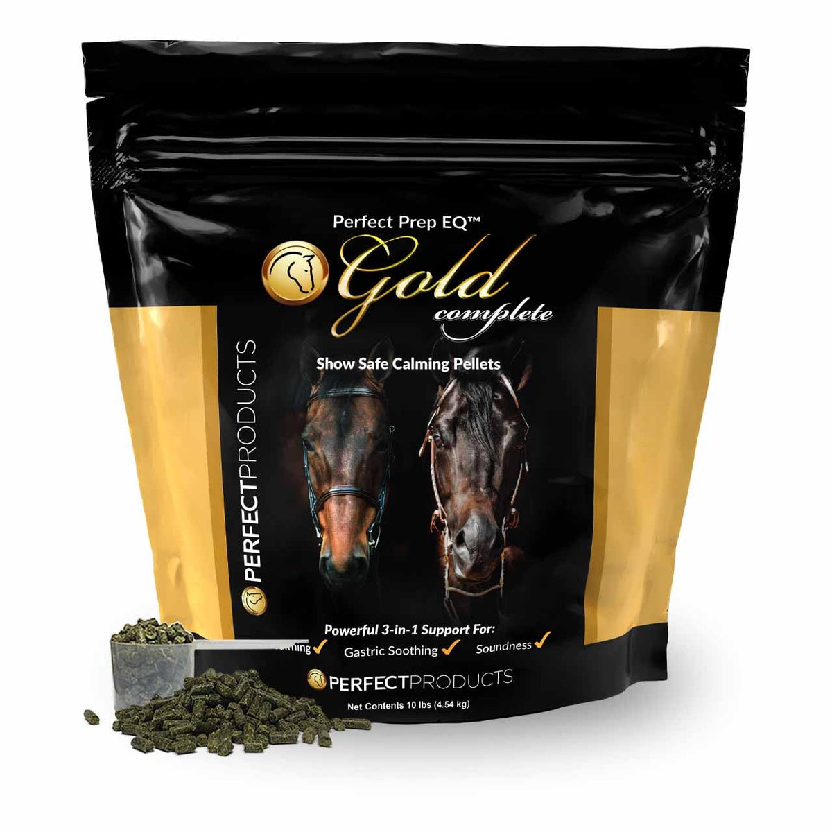 Envase de Perfect Prep EQ Gold Pellets para calma del caballo.