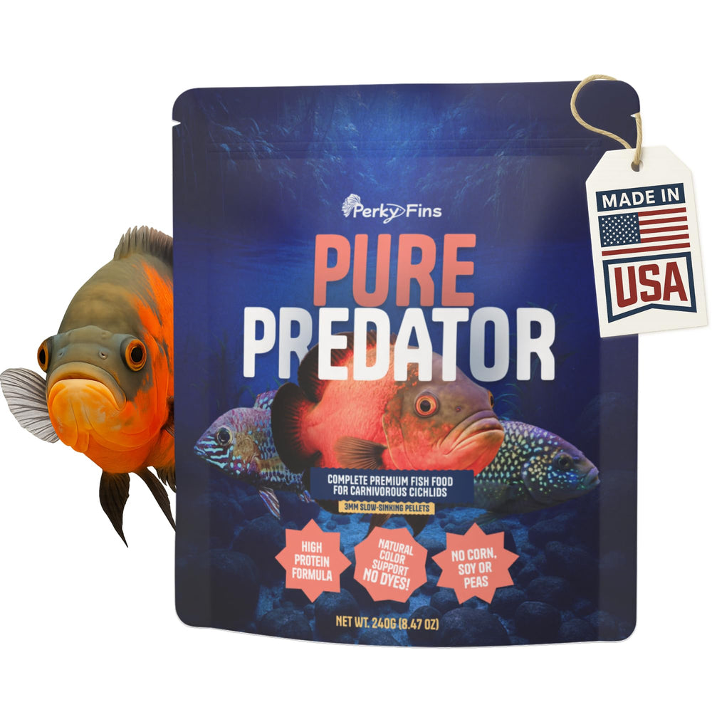 Perky Fins gránulos depredador para cíclidos: envase práctico para uso diario.