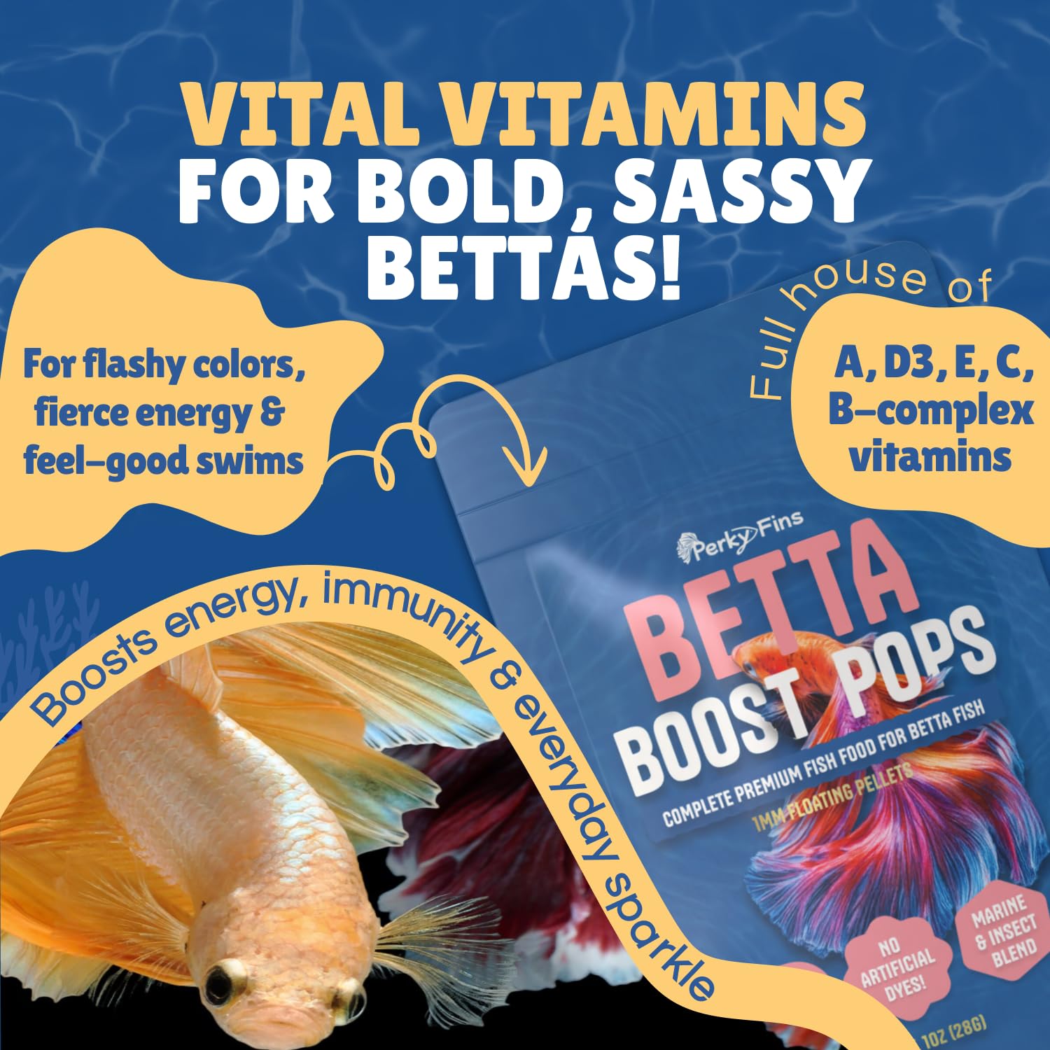 Betta Boost Pops: pellets que flotan y descienden lentamente para ingesta equilibrada.