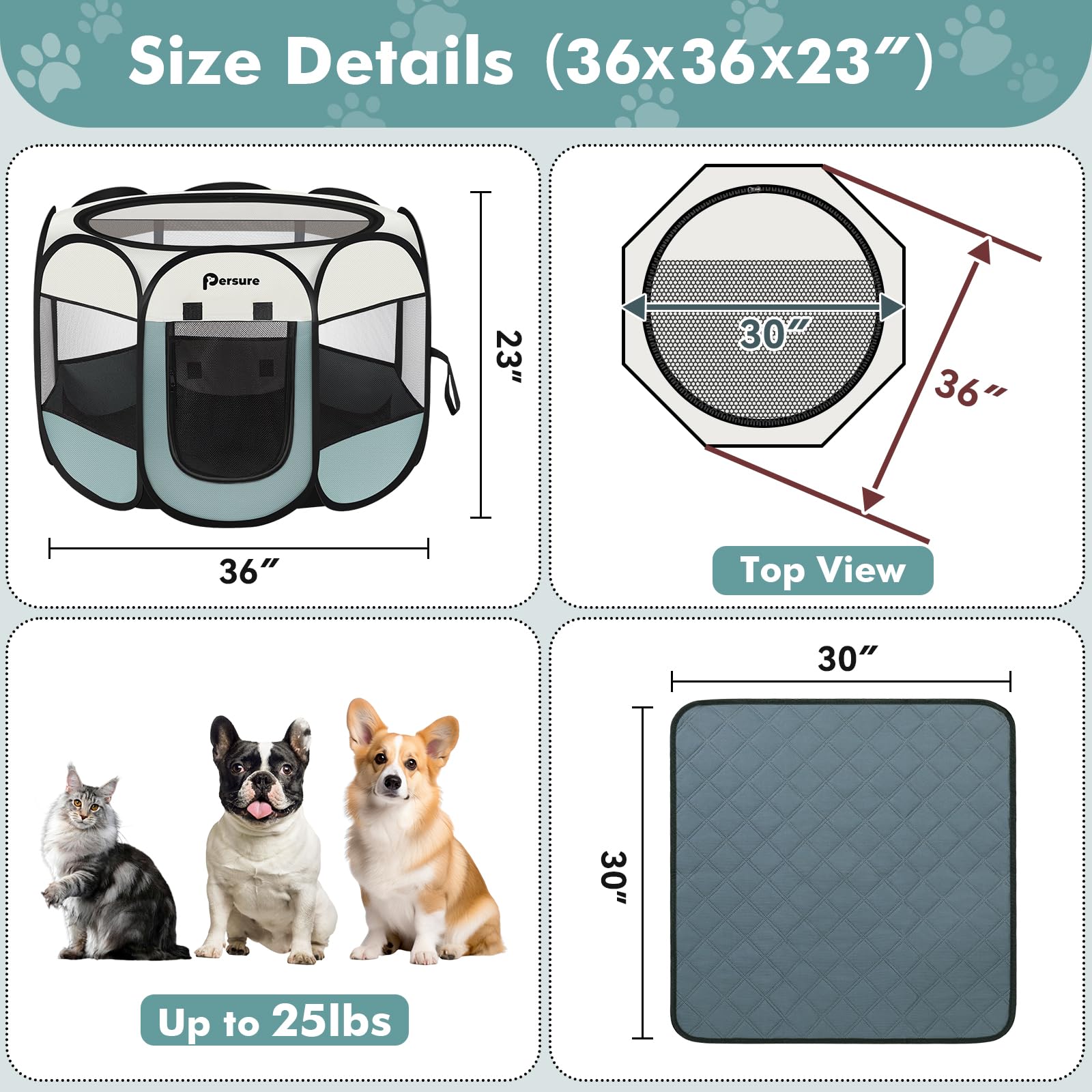 Persure Playpen pliegable ligero gris, ideal para viajar con mascotas.