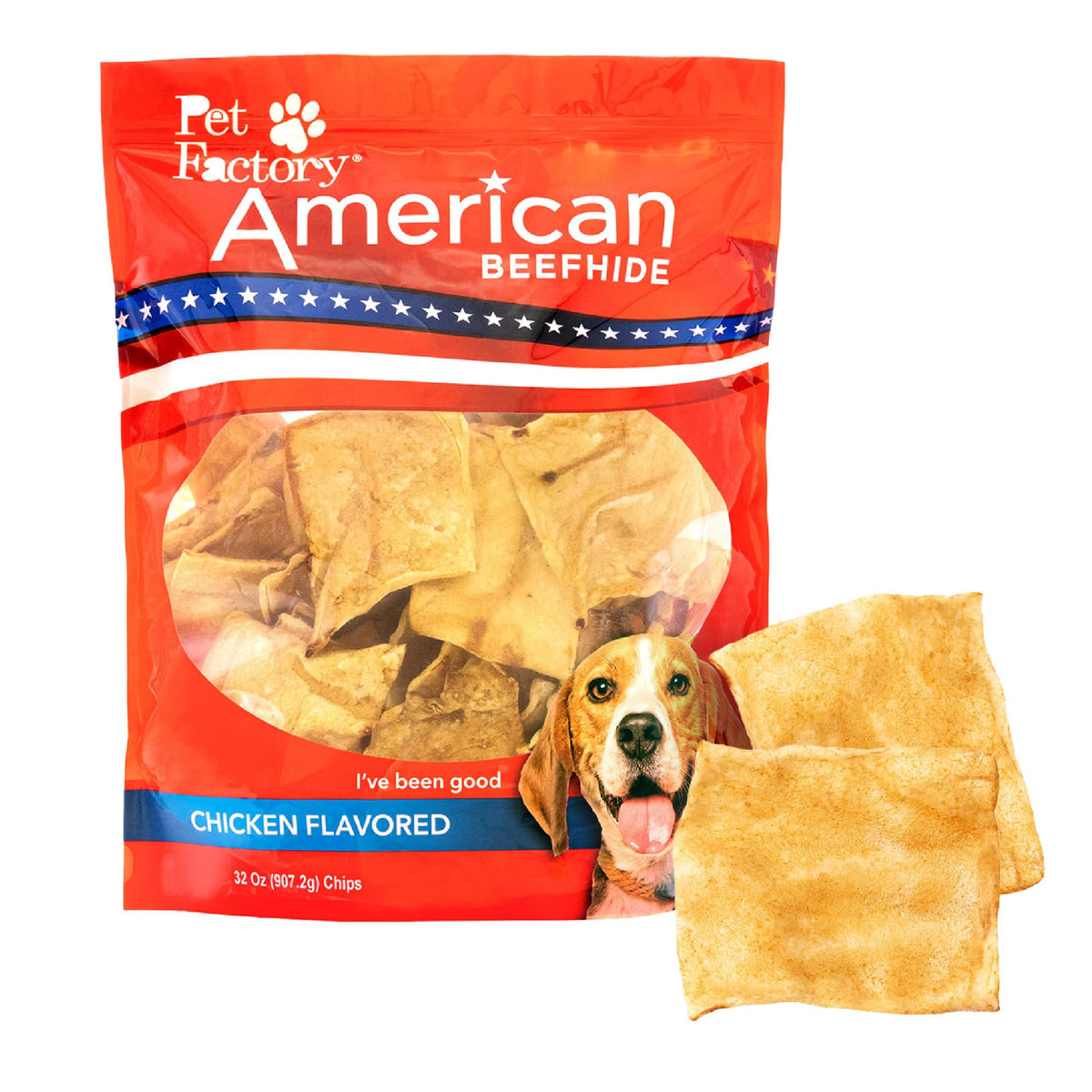 Pet Factory chips de piel de res americano con sabor pollo, para masticación prolongada.
