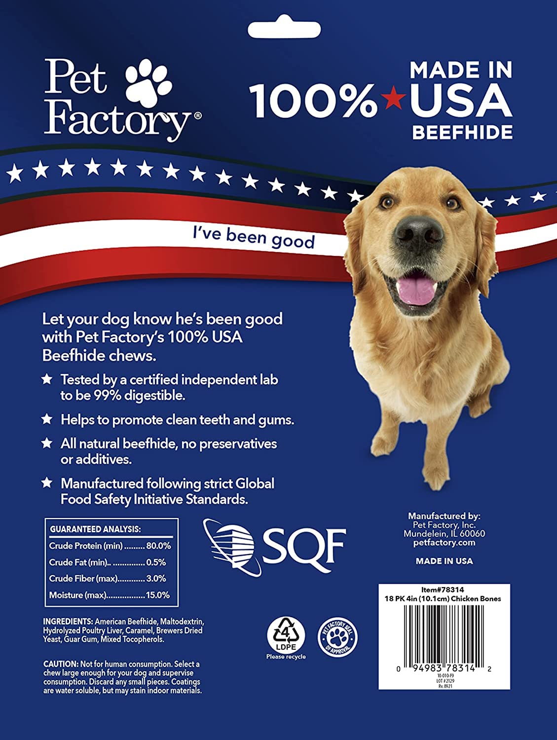 Pet Factory hueso de res trenzado, 4 pulgadas, sabor pollo para perros activos.
