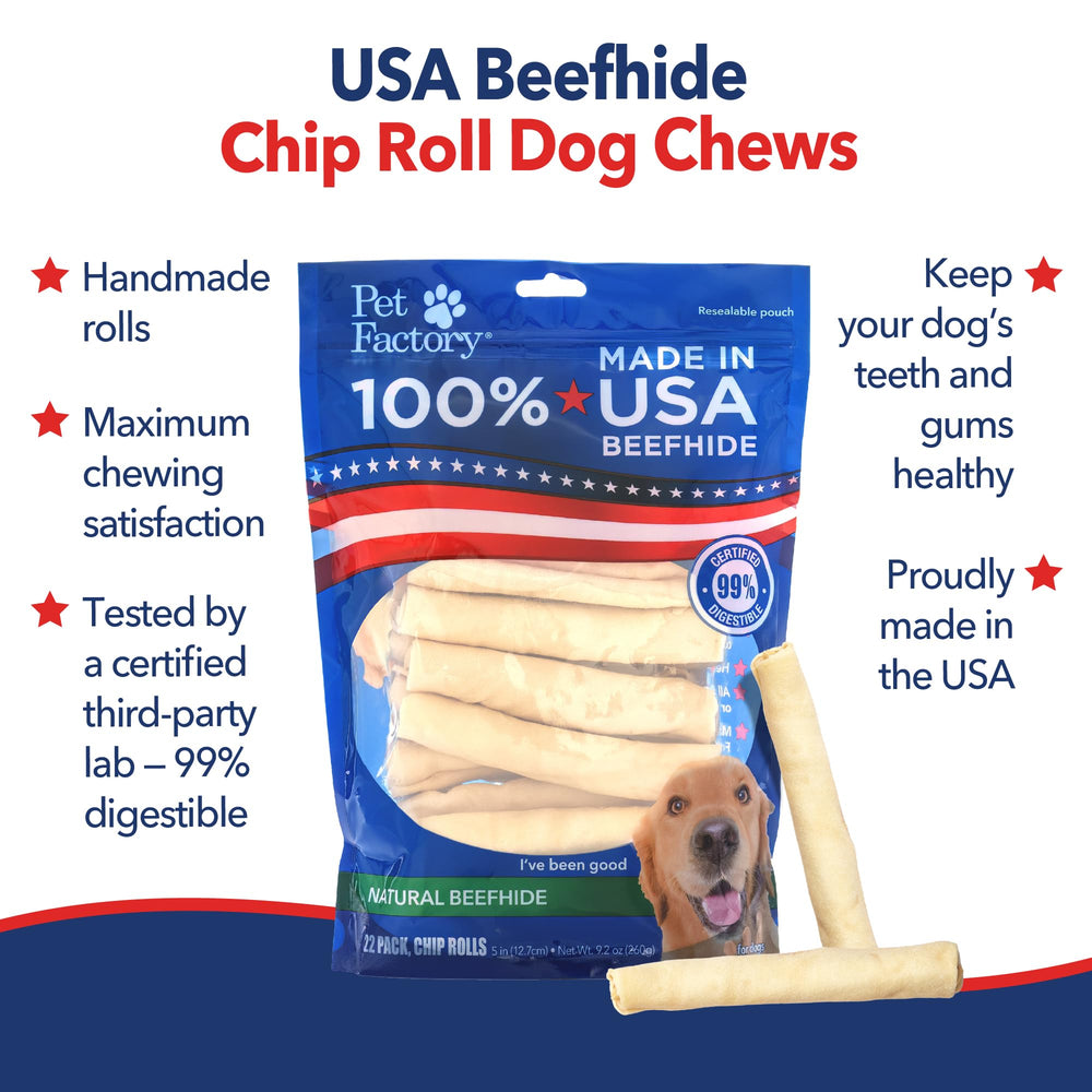 Pet Factory perro mordisqueando rollos de piel de res para entretenimiento saludable