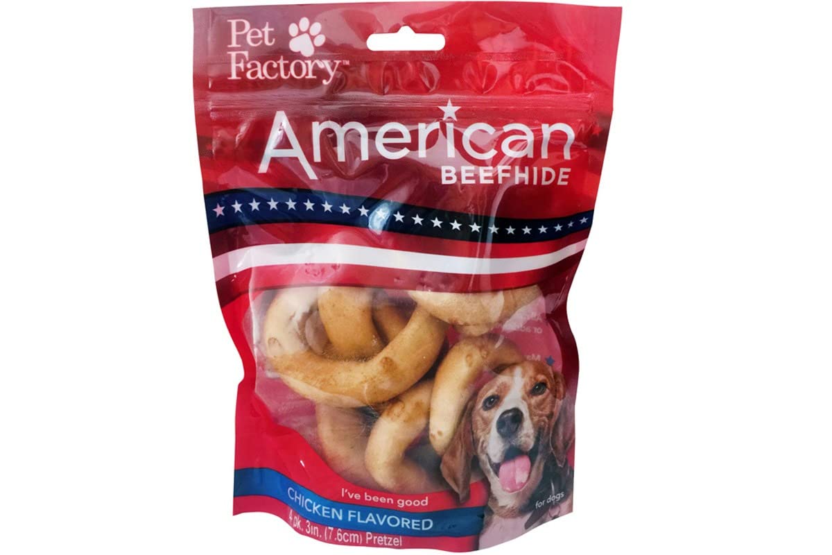 Pet Factory pretzeles de piel de res con sabor a pollo, masticación duradera para perros