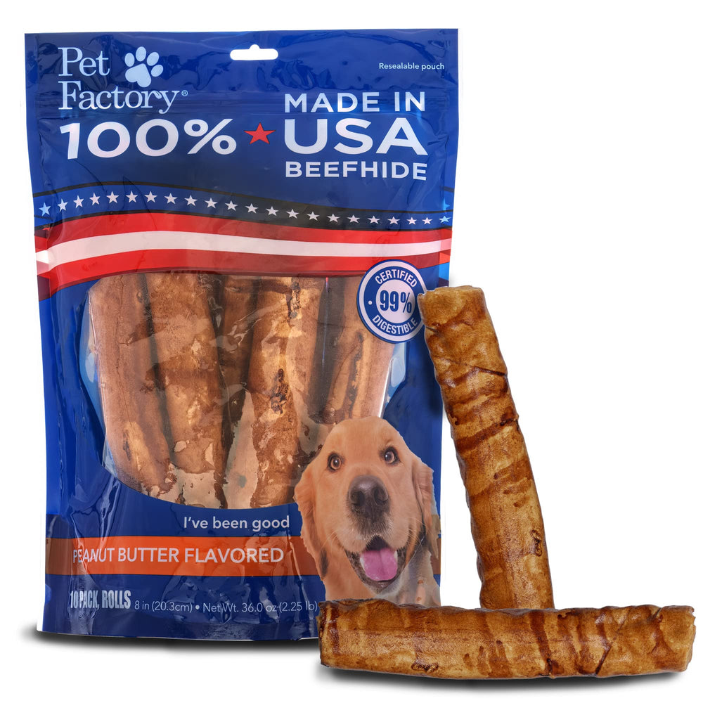 Pet Factory rollos de cuero de res de 8 pulgadas con mantequilla de maní para masticación prolongada.