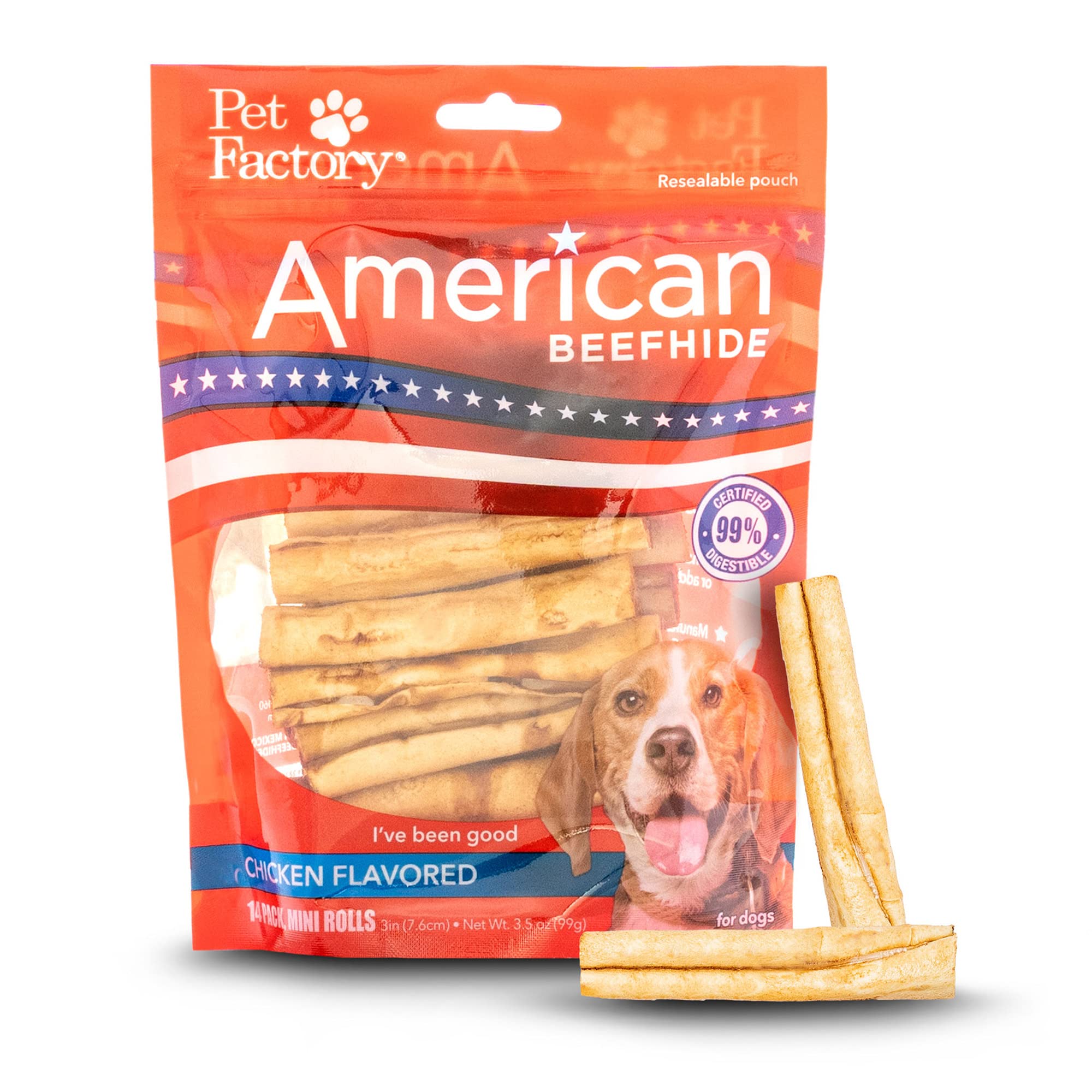 Pet Factory rollos mini de cuero americano sabor pollo en empaque, ideal para masticar con seguridad