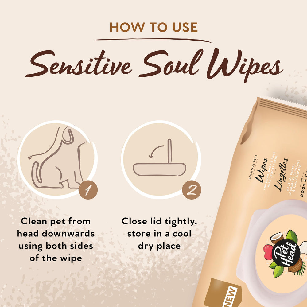 Toallitas biodegradables sin plástico de Pet Head Sensitive Soul.