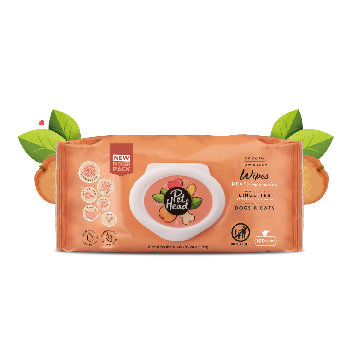 Toallitas rápidas Pet Head para patas y cuerpo con aroma melocotón y aloe.