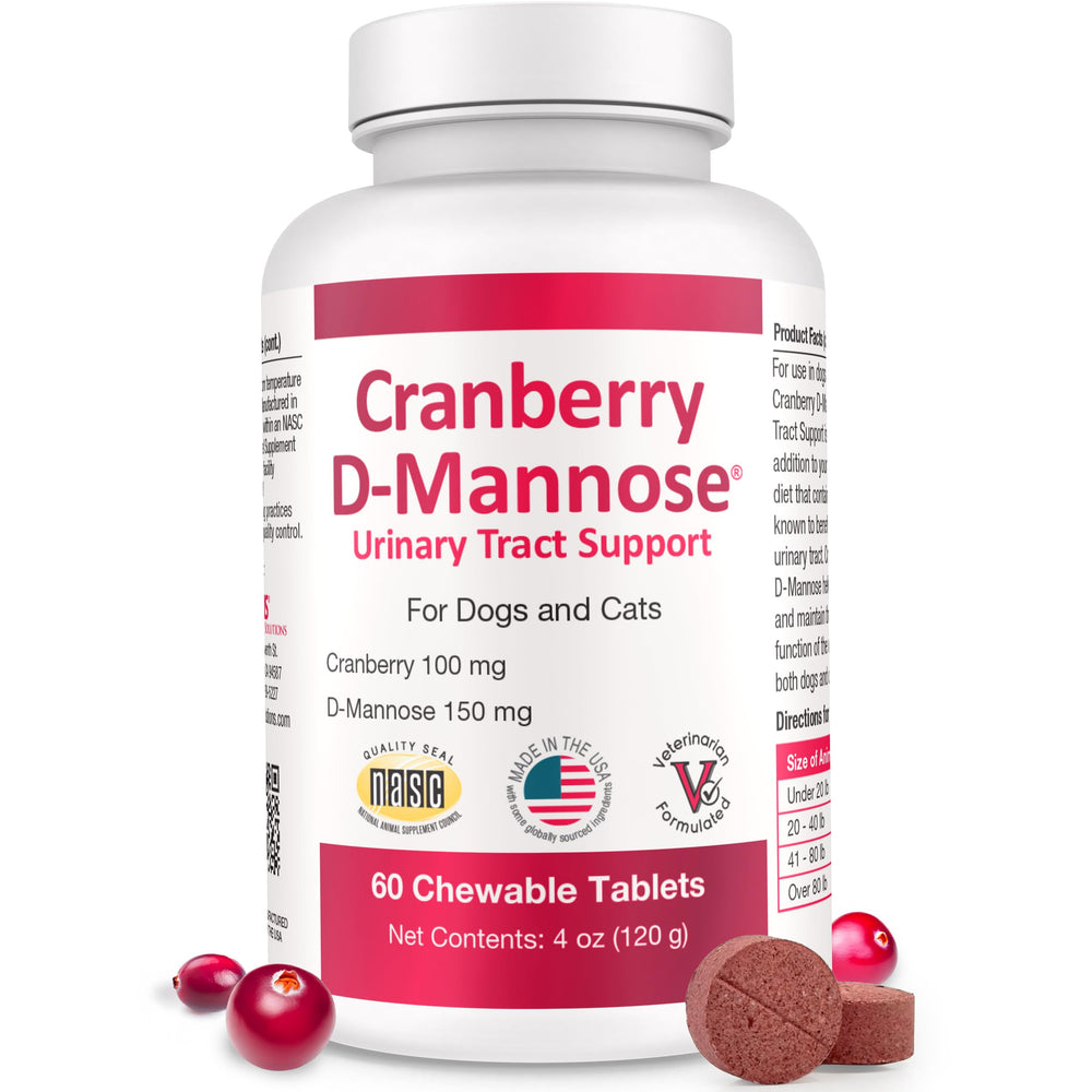Tabletas cranberry-d-mannose de Pet Health Solutions para apoyo urinario en perros y gatos.