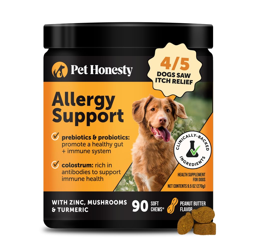 Gomitas Pet Honesty para alergias, frasco visible, alivio suave para piel y picores estacionales.
