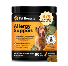Gomitas Pet Honesty para alergias, frasco visible, alivio suave para piel y picores estacionales.
