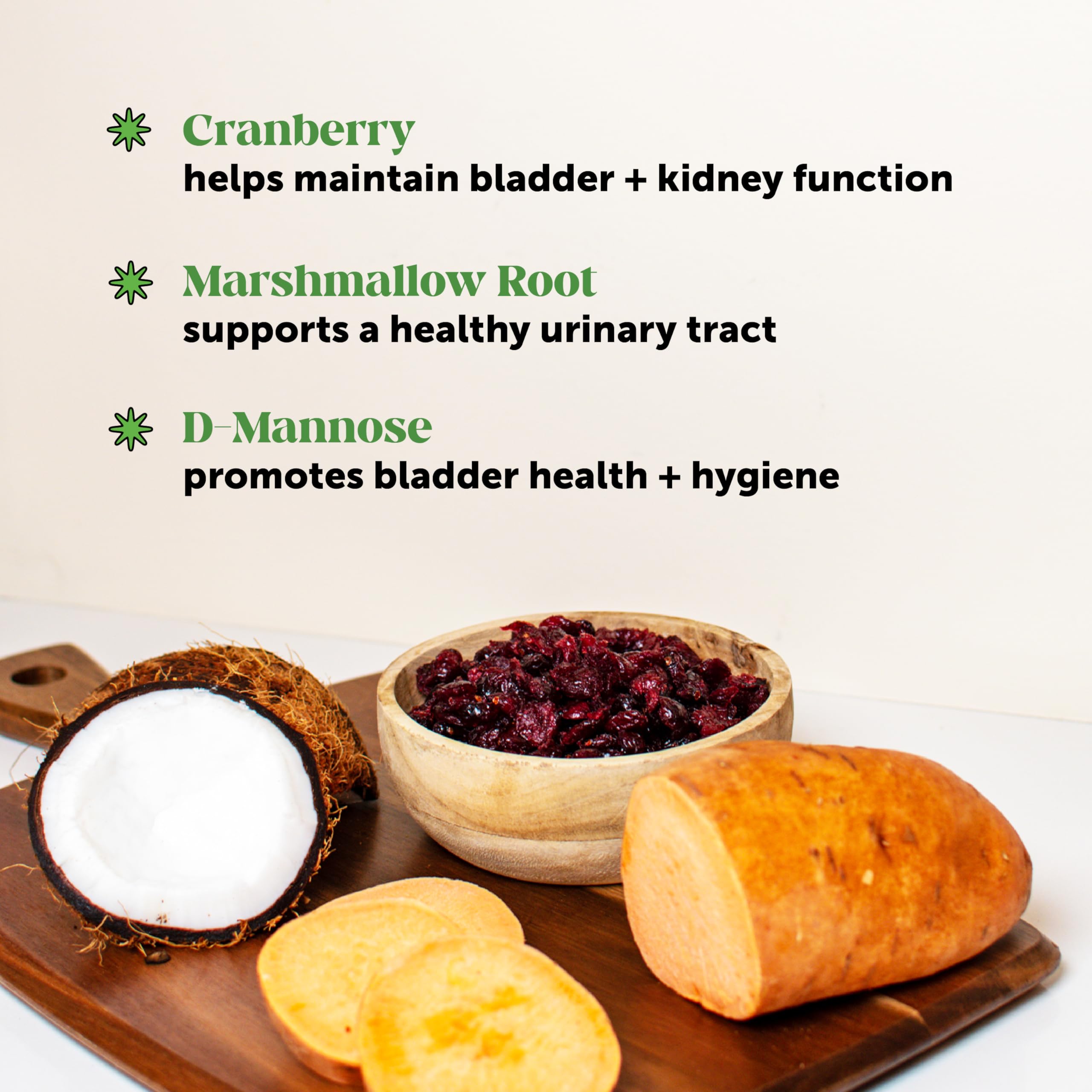 Pet Honesty Bladder Health Cranberry Chews ingredientes clave: cranberry y malvavisco para la salud urinaria
